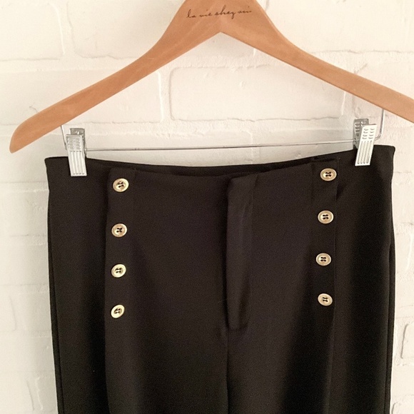H by Halston Dress Pants Crop wide leg Black High rise Gold buttons Military XS - Picture 4 of 12